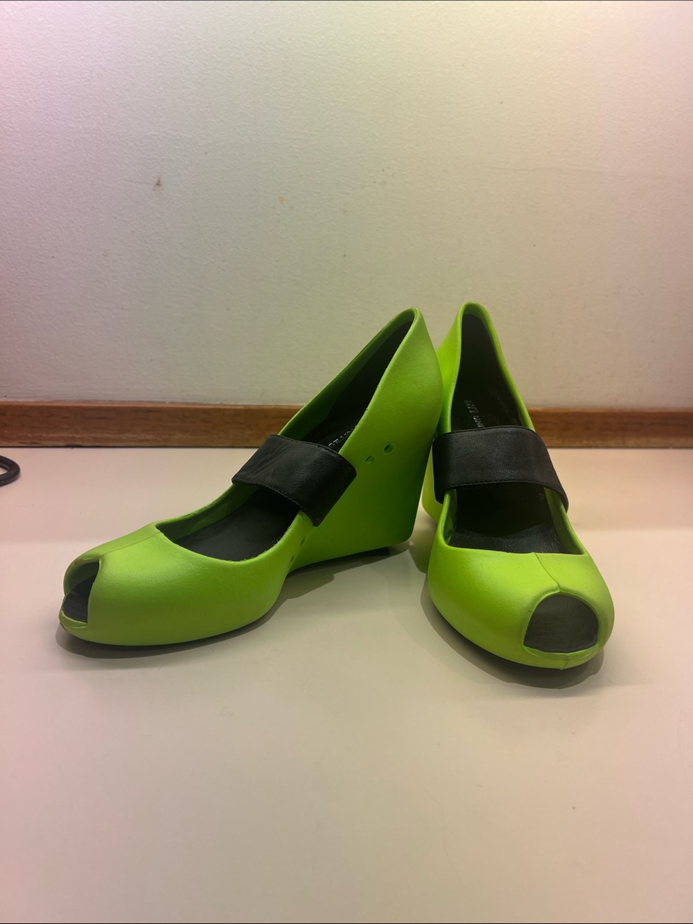United Nude Lime Green Peep-Toe Wedge Pumps with Black Strap